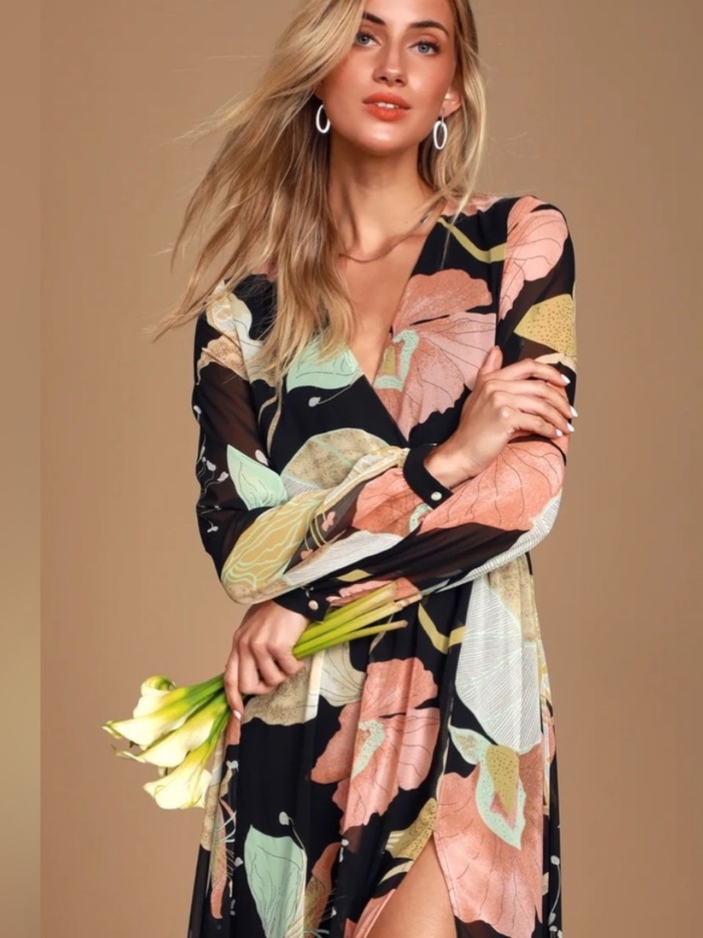 Lulus Wondrous Water Lillies Black Floral Print Maxi Dress size M - Picture 4 of 13
